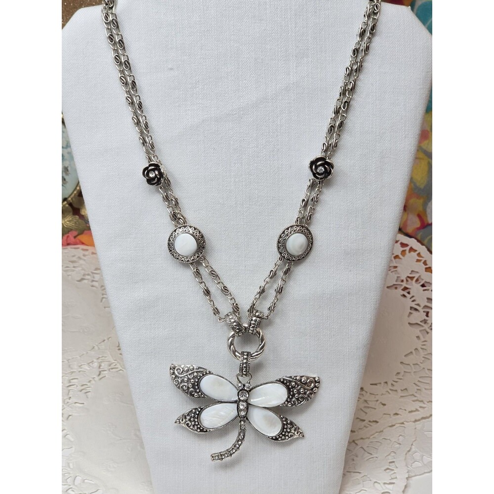 Vintage Dragonfly Mother of Pearl Statement Necklace Silver Tone Scroll Link 25"
